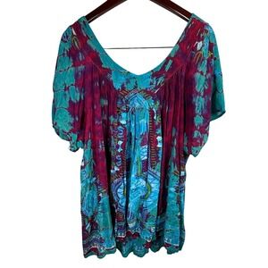 GreaterGood Women 2XL Tie Dye Boho Tunic Top Turquoise Burgundy Viscose V-Neck